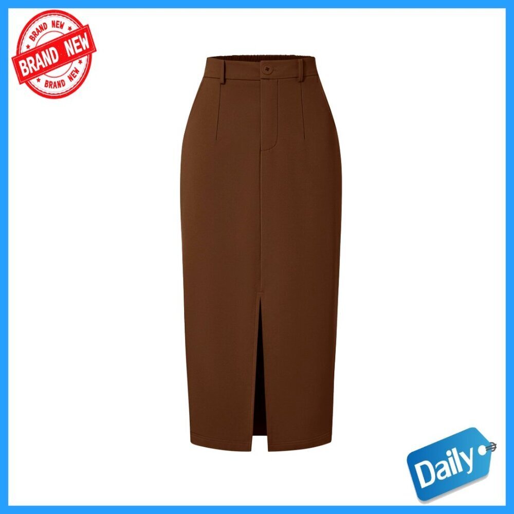 High Waisted Pencil Midi Skirt with Slit, Bodycon Fit, Work Casual